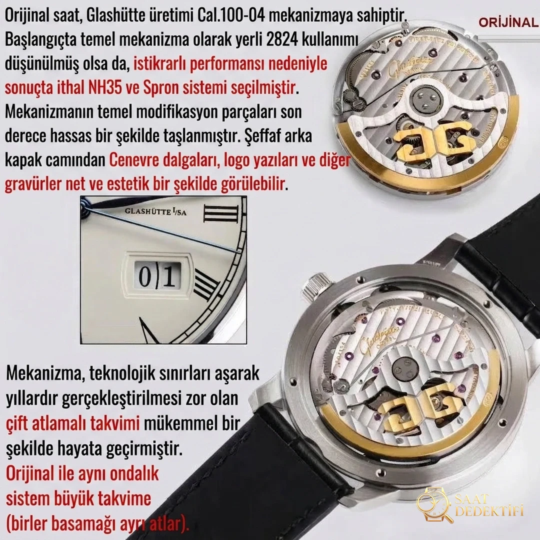Gerçek-replika karşılaştırması: V9 Factory Glashütte Original Senator 1-36-04 çift atlamalı büyük tarih ay evreli saatini nasıl yapmış? - Bezel İçi Rehaut Gravürü ve Hizalaması
