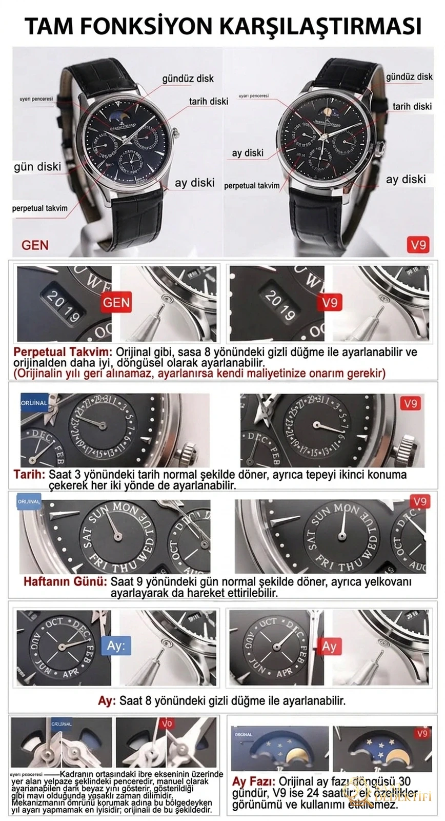 Vergleich mit echten Nachbildungen: Bewertung der Nachbildung der V9 Jaeger-LeCoultre Master mit ewigem Kalender im Vergleich zum Original – Phosphor und Super-LumiNova Night View