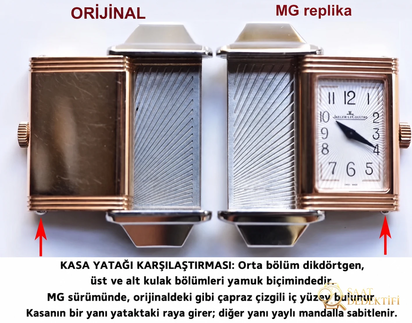 Gerçek-replika karşılaştırması ve orijinal inceleme: MG Factory Jaeger-LeCoultre Reverso serisi 3263520, İsviçre mekanizmalı bayan replika saat - Klips Kilidi ve Lazer Damgalar
