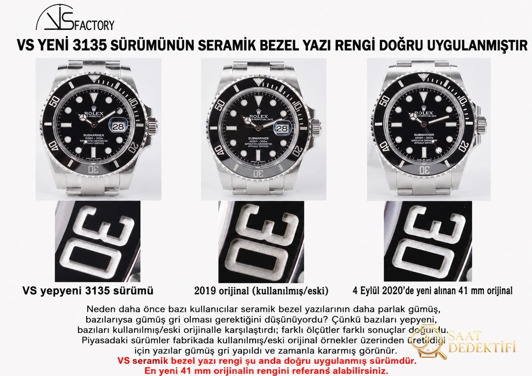 Gerçek-replika karşılaştırması: VS Factory yeni 3135 yeşil/siyah Submariner SUB saat incelemesi - Kadran Detayı ve Bezel İşçiliği