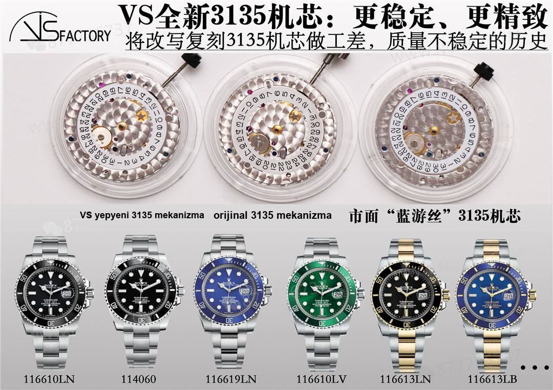 Gerçek-replika karşılaştırması: VS Factory yeni 3135 yeşil/siyah Submariner SUB saat incelemesi — 13. fotoğraf