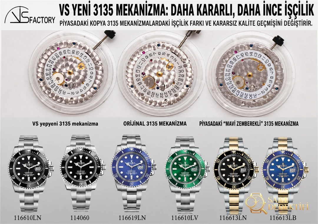 Gerçek-replika karşılaştırması: VS Factory yeni 3135 yeşil/siyah Submariner SUB saat incelemesi - Kasa Çeliği ve Polisaj Kalitesi