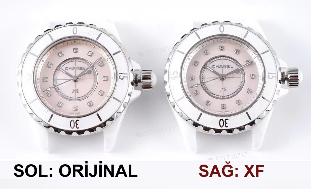 Gerçek-replika karşılaştırması: XF Factory Chanel J12 pembe sedef kadranlı H5513 saat incelemesi — 2. fotoğraf