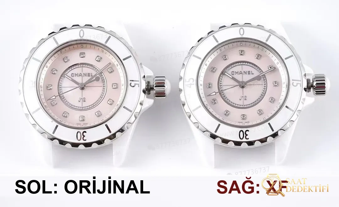Gerçek-replika karşılaştırması: XF Factory Chanel J12 pembe sedef kadranlı H5513 saat incelemesi - Kadran Detayı ve Bezel İşçiliği