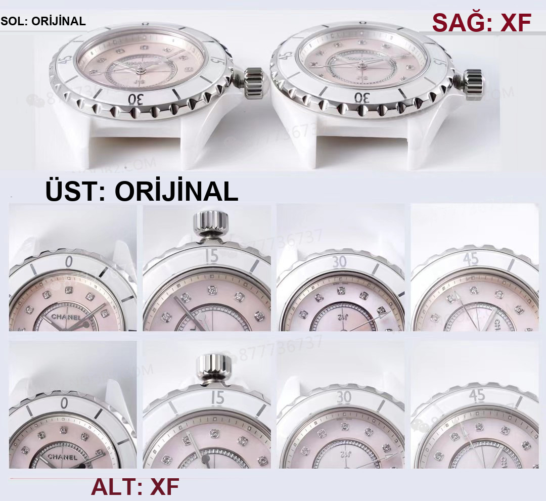 Gerçek-replika karşılaştırması: XF Factory Chanel J12 pembe sedef kadranlı H5513 saat incelemesi — 4. fotoğraf