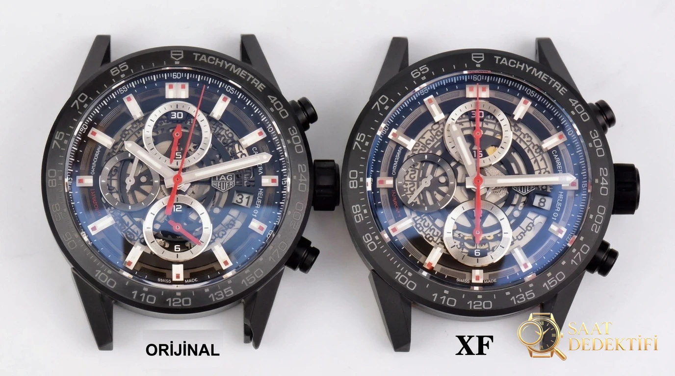 Gerçek-replika karşılaştırması: XF Factory TAG Heuer Carrera seramik kayışlı 43 mm saatin işçiliği nasıl? - Makro Kadran ve İndeks İşçiliği
