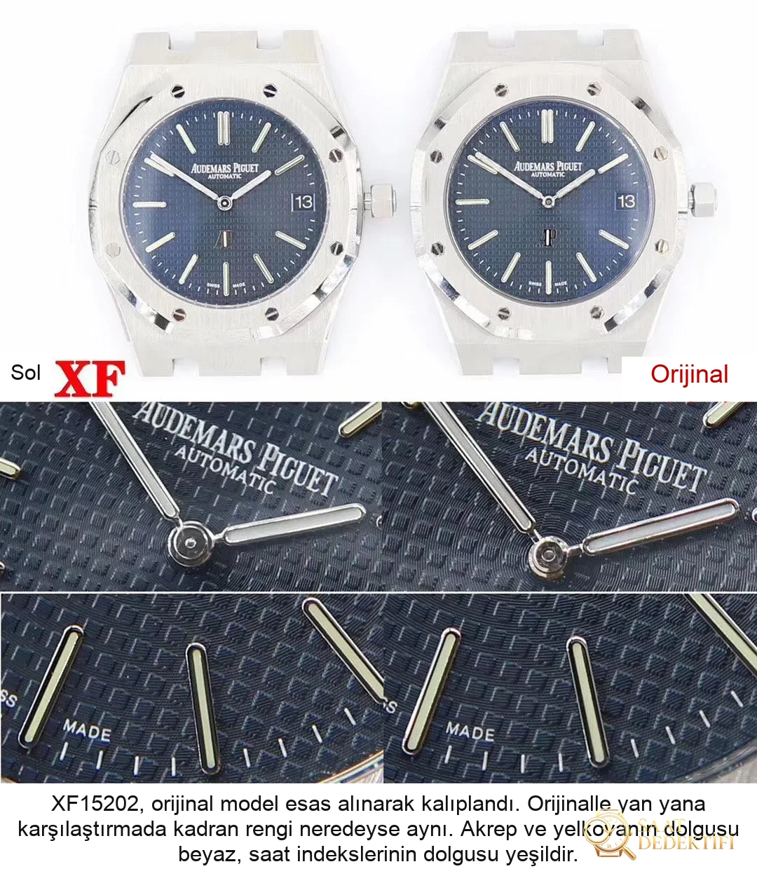 Gerçek-replika karşılaştırması: XF15202 replika ile orijinal AP Royal Oak klasik ultra ince iki iğneli çelik saat - Kadran Detayı ve Bezel İşçiliği