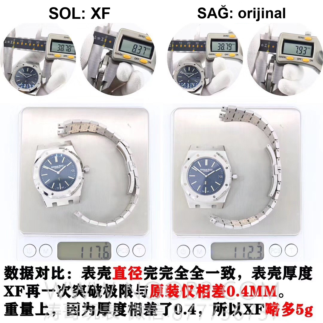 Gerçek-replika karşılaştırması: XF15202 replika ile orijinal AP Royal Oak klasik ultra ince iki iğneli çelik saat — 5. fotoğraf