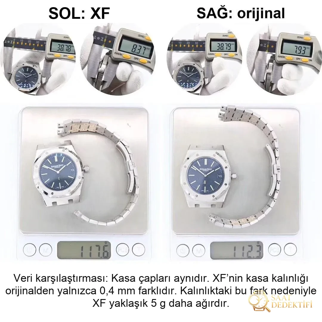 Gerçek-replika karşılaştırması: XF15202 replika ile orijinal AP Royal Oak klasik ultra ince iki iğneli çelik saat - Bilezik, Toka ve Klips Mekanizması