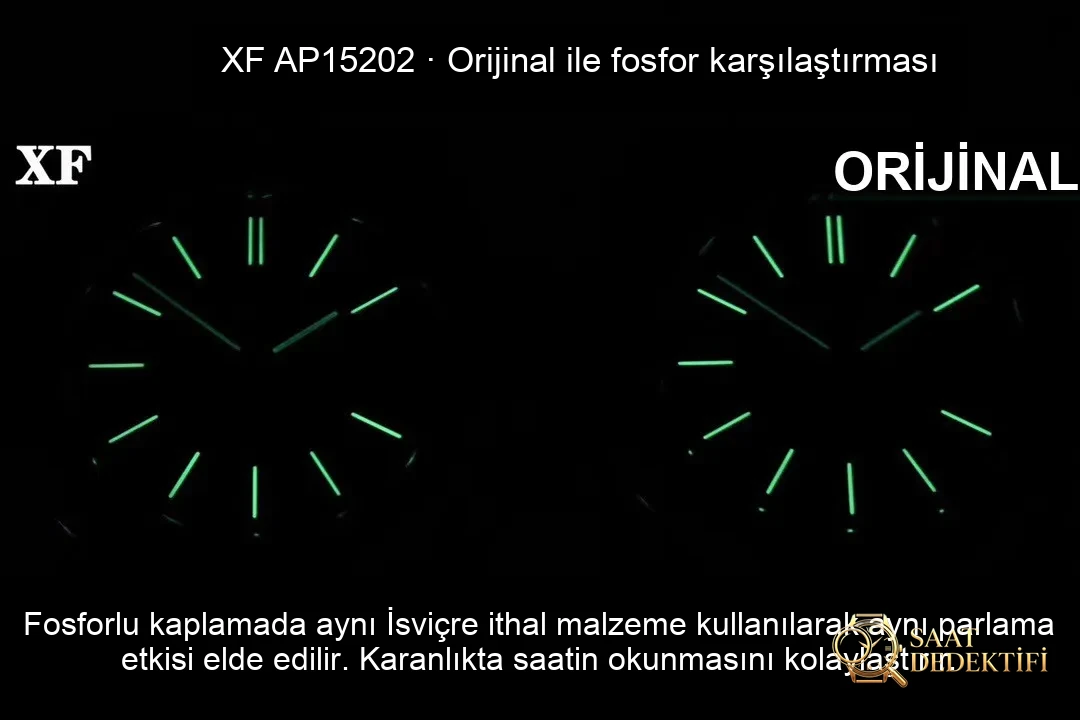 Gerçek-replika karşılaştırması: XF15202 replika ile orijinal AP Royal Oak klasik ultra ince iki iğneli çelik saat - Fosfor ve Super-LumiNova Gece Görünümü
