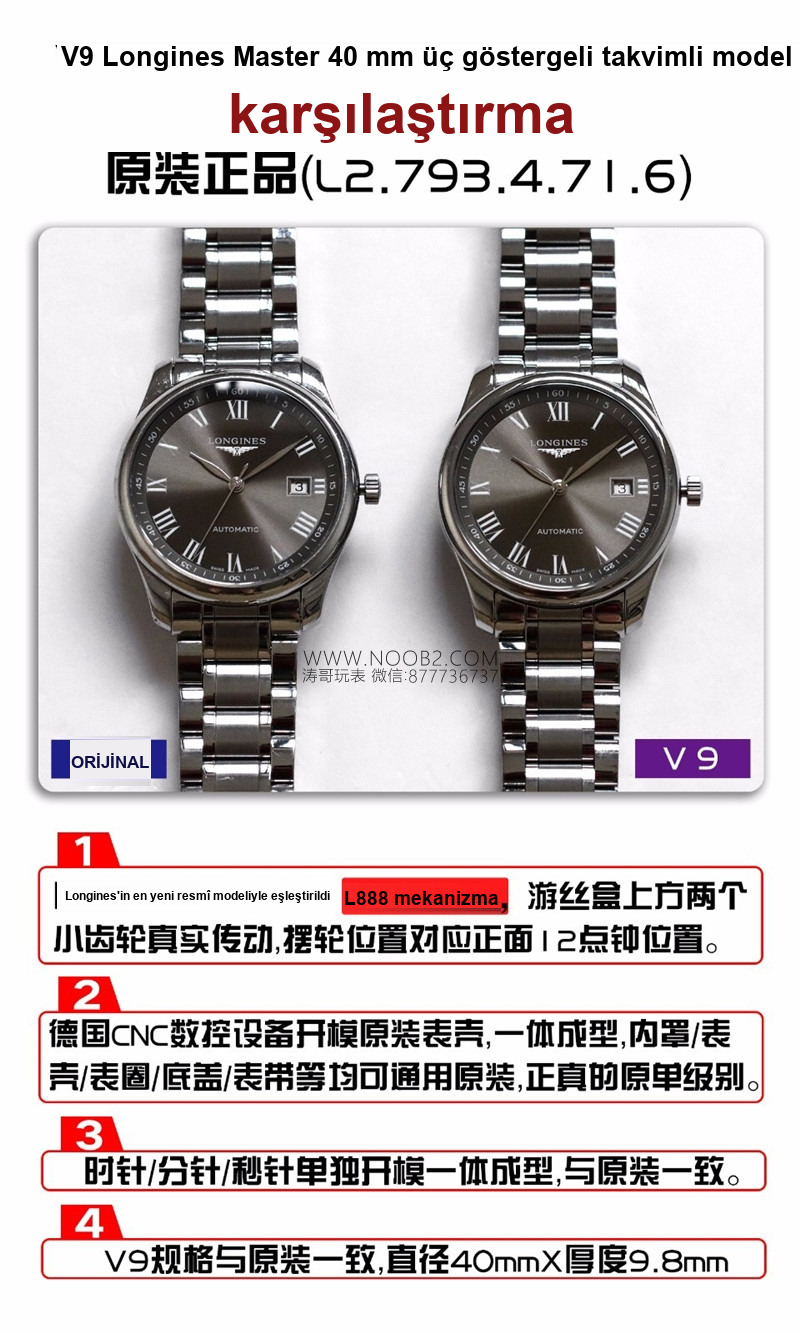 Gerçek-Replika Karşılaştırması: Yeni V9 Factory Longines Master Collection Gri Kadranlı 40 mm 3 Konum Tek Takvimli L2.793.4.71.6 Replika İncelemesi — 5. fotoğraf