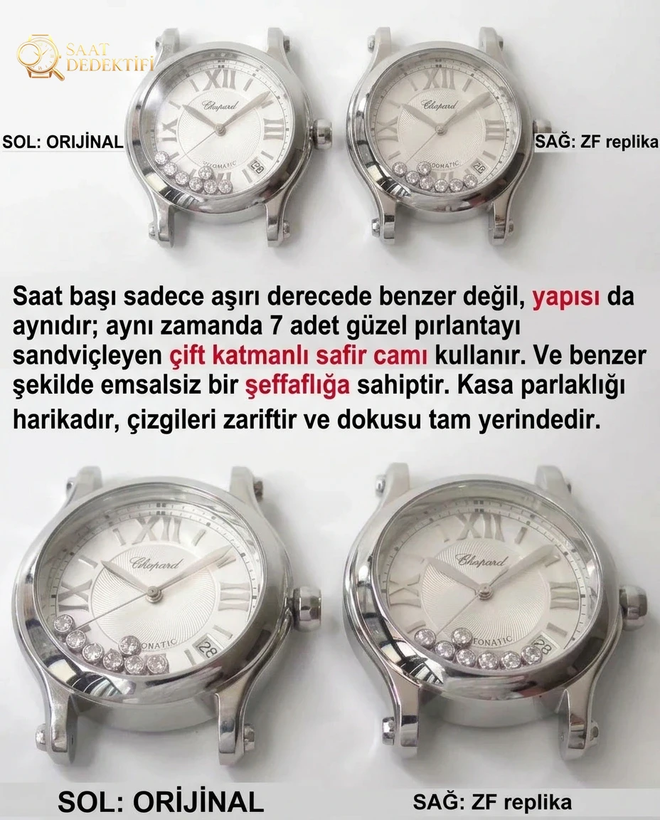 Gerçek-Replika Karşılaştırması: ZF Factory Chopard Happy Diamonds 7 Elmaslı 278559, Sea-Gull 2892 Mekanizmalı 36 mm Otomatik Kadın Kol Saati — Orijinal İncelemesi - Cam Yansıma Önleyici (AR) Kaplama
