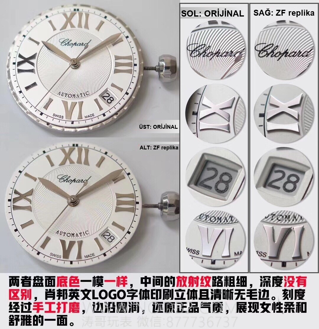 Gerçek-Replika Karşılaştırması: ZF Factory Chopard Happy Diamonds 7 Elmaslı 278559, Sea-Gull 2892 Mekanizmalı 36 mm Otomatik Kadın Kol Saati — Orijinal İncelemesi — 20. fotoğraf