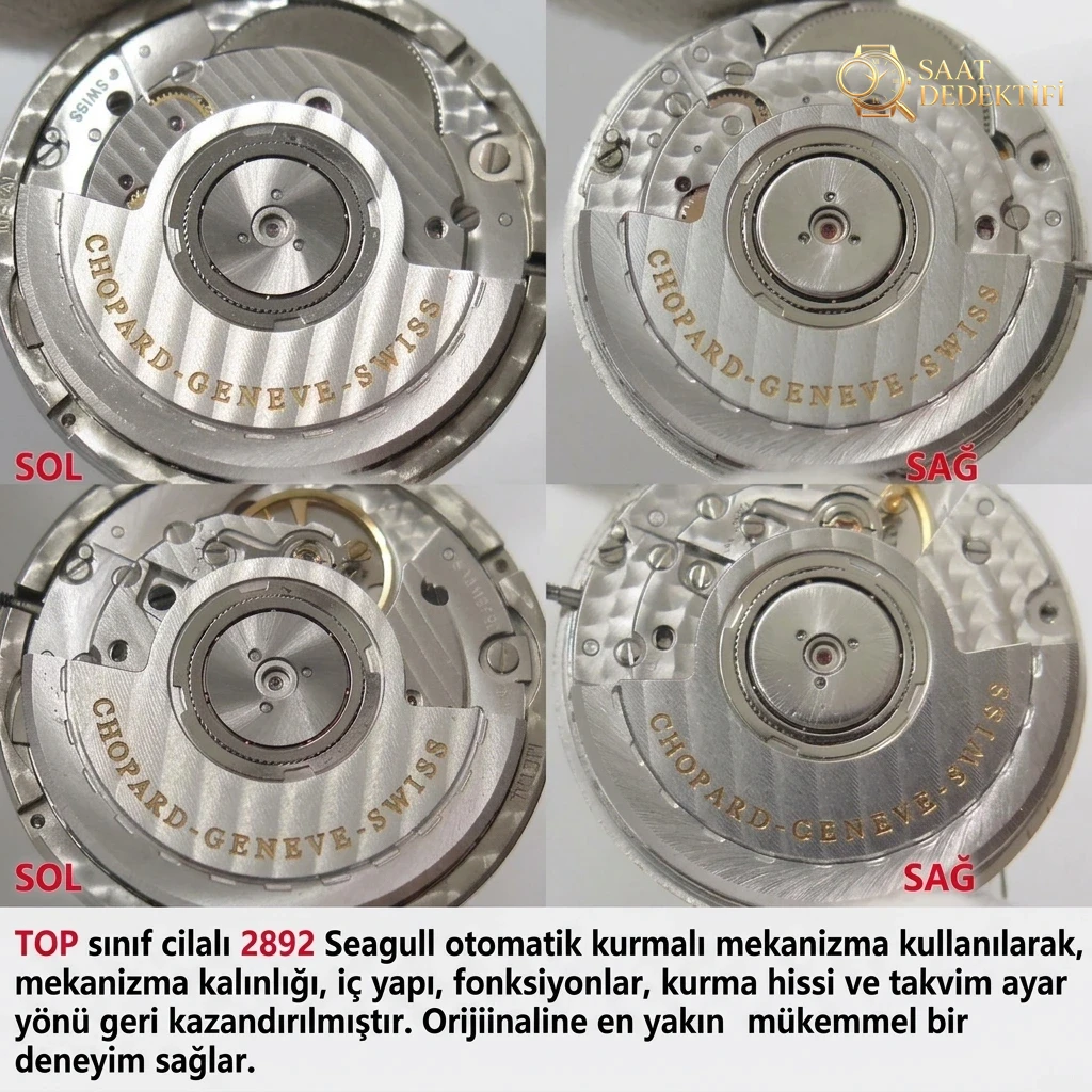 Gerçek-Replika Karşılaştırması: ZF Factory Chopard Happy Diamonds 7 Elmaslı 278559, Sea-Gull 2892 Mekanizmalı 36 mm Otomatik Kadın Kol Saati — Orijinal İncelemesi - Makro Mekanizma Köprüleri ve Cenevre Çizgileri