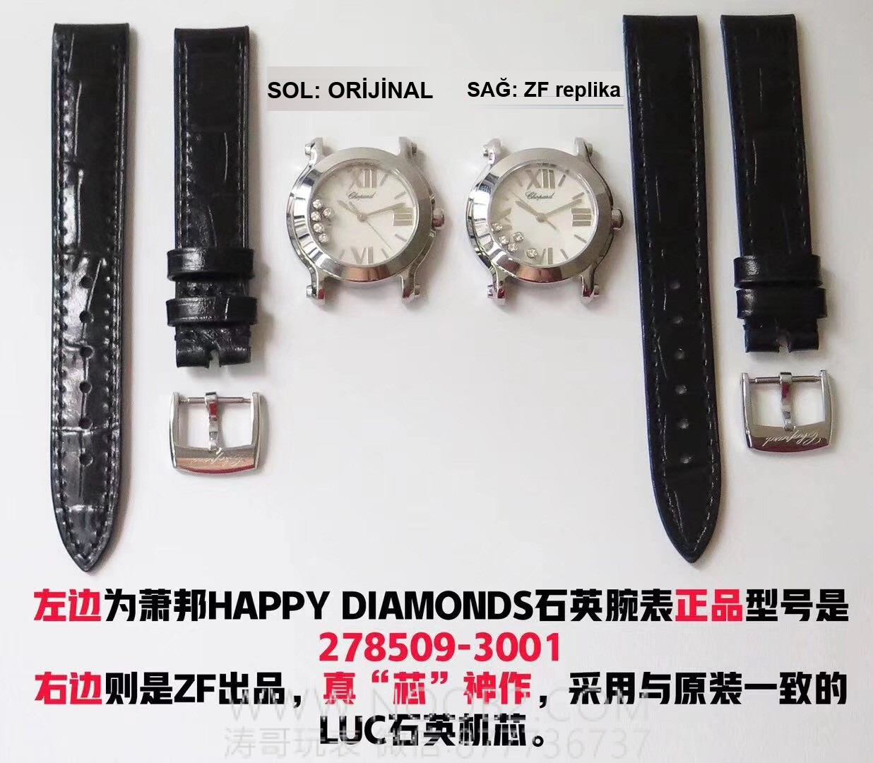 Gerçek-Replika Karşılaştırması: ZF Factory Chopard Happy Diamonds Quartz 278509-3001 Orijinal LUC İsviçre ETA955.112 Mekanizmalı Replika Saat ile Orijinal İnceleme Karşılaştırması — 2. fotoğraf