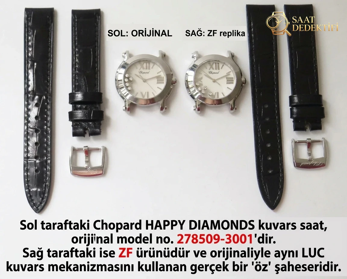 Gerçek-Replika Karşılaştırması: ZF Factory Chopard Happy Diamonds Quartz 278509-3001 Orijinal LUC İsviçre ETA955.112 Mekanizmalı Replika Saat ile Orijinal İnceleme Karşılaştırması - Kadran Detayı ve Bezel İşçiliği