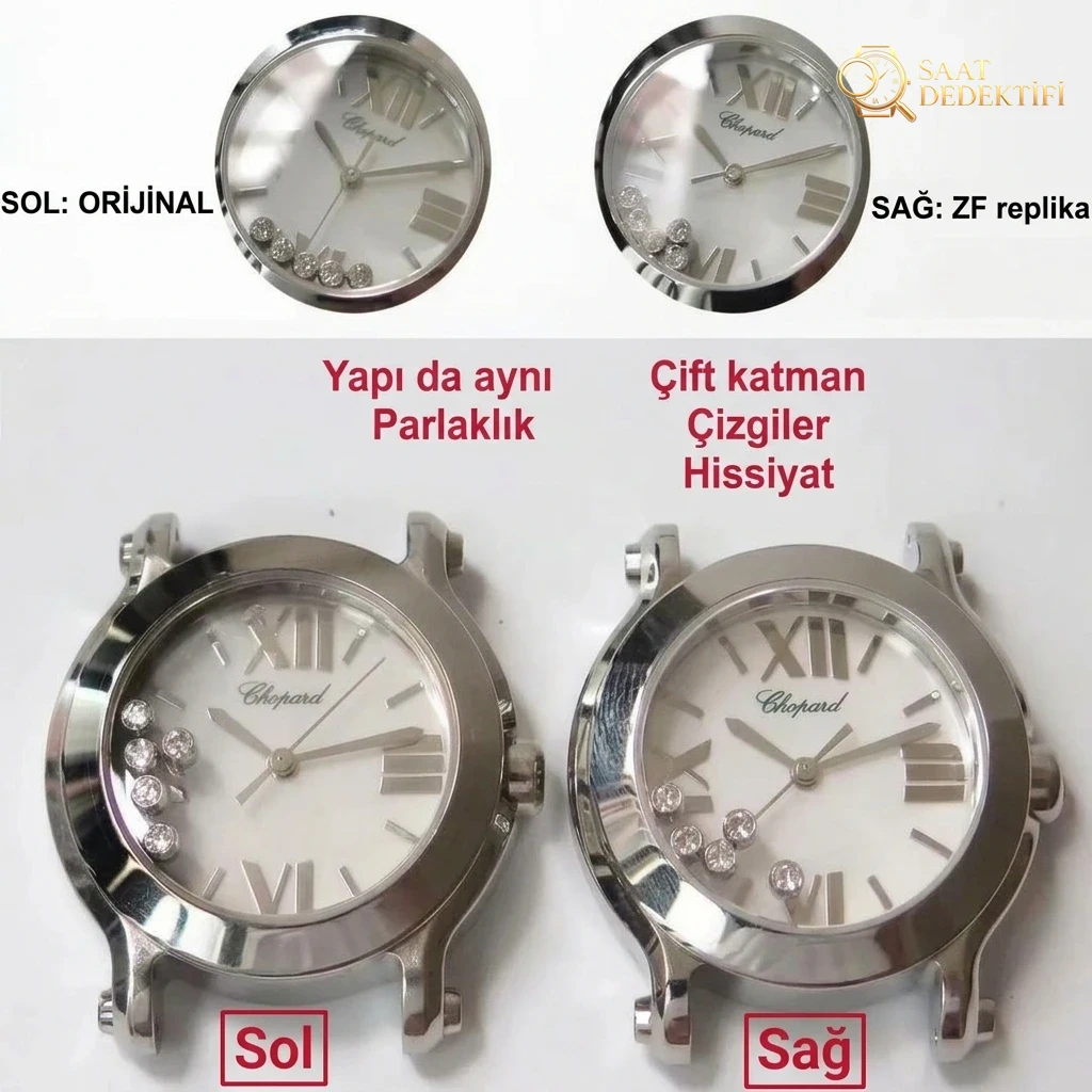 Gerçek-Replika Karşılaştırması: ZF Factory Chopard Happy Diamonds Quartz 278509-3001 Orijinal LUC İsviçre ETA955.112 Mekanizmalı Replika Saat ile Orijinal İnceleme Karşılaştırması - Kasa Profili ve Kurma Kolu İncelemesi