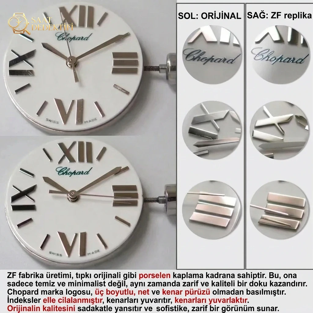 Gerçek-Replika Karşılaştırması: ZF Factory Chopard Happy Diamonds Quartz 278509-3001 Orijinal LUC İsviçre ETA955.112 Mekanizmalı Replika Saat ile Orijinal İnceleme Karşılaştırması - Bilezik, Toka ve Klips Mekanizması