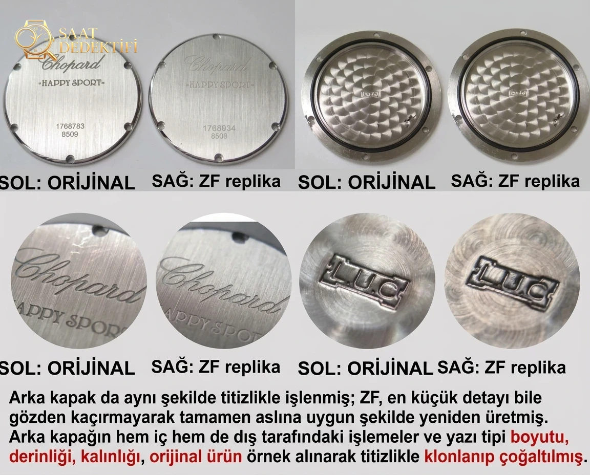 Gerçek-Replika Karşılaştırması: ZF Factory Chopard Happy Diamonds Quartz 278509-3001 Orijinal LUC İsviçre ETA955.112 Mekanizmalı Replika Saat ile Orijinal İnceleme Karşılaştırması - Klips Kilidi ve Lazer Damgalar