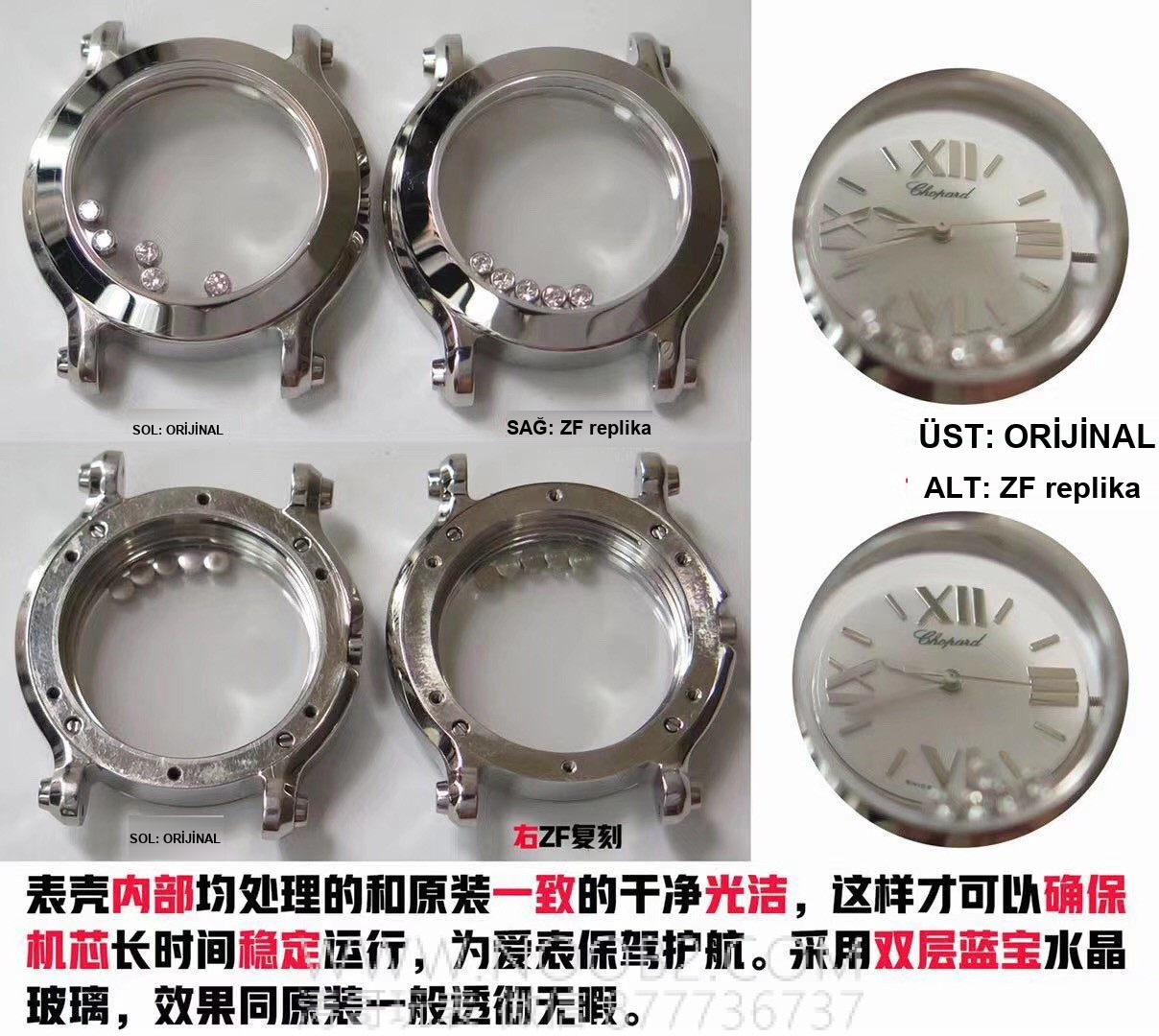 Gerçek-Replika Karşılaştırması: ZF Factory Chopard Happy Diamonds Quartz 278509-3001 Orijinal LUC İsviçre ETA955.112 Mekanizmalı Replika Saat ile Orijinal İnceleme Karşılaştırması — 8. fotoğraf