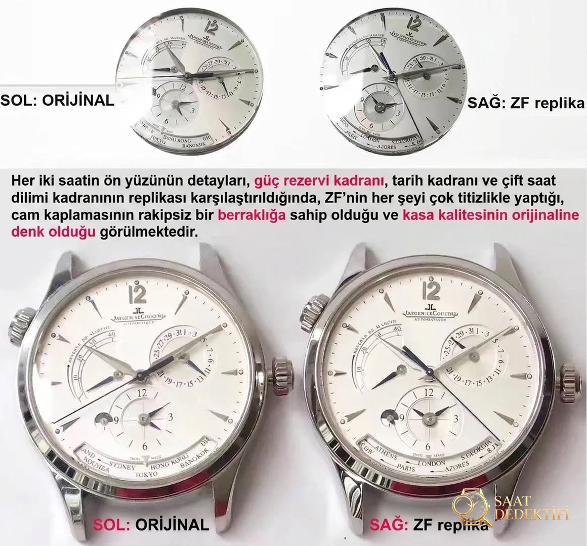 Gerçek-replika karşılaştırması: ZF Factory Jaeger-LeCoultre Master Geographic Q1428421 replika saatin orijinalle karşılaştırmalı incelemesi - Kasa Profili ve Kurma Kolu İncelemesi