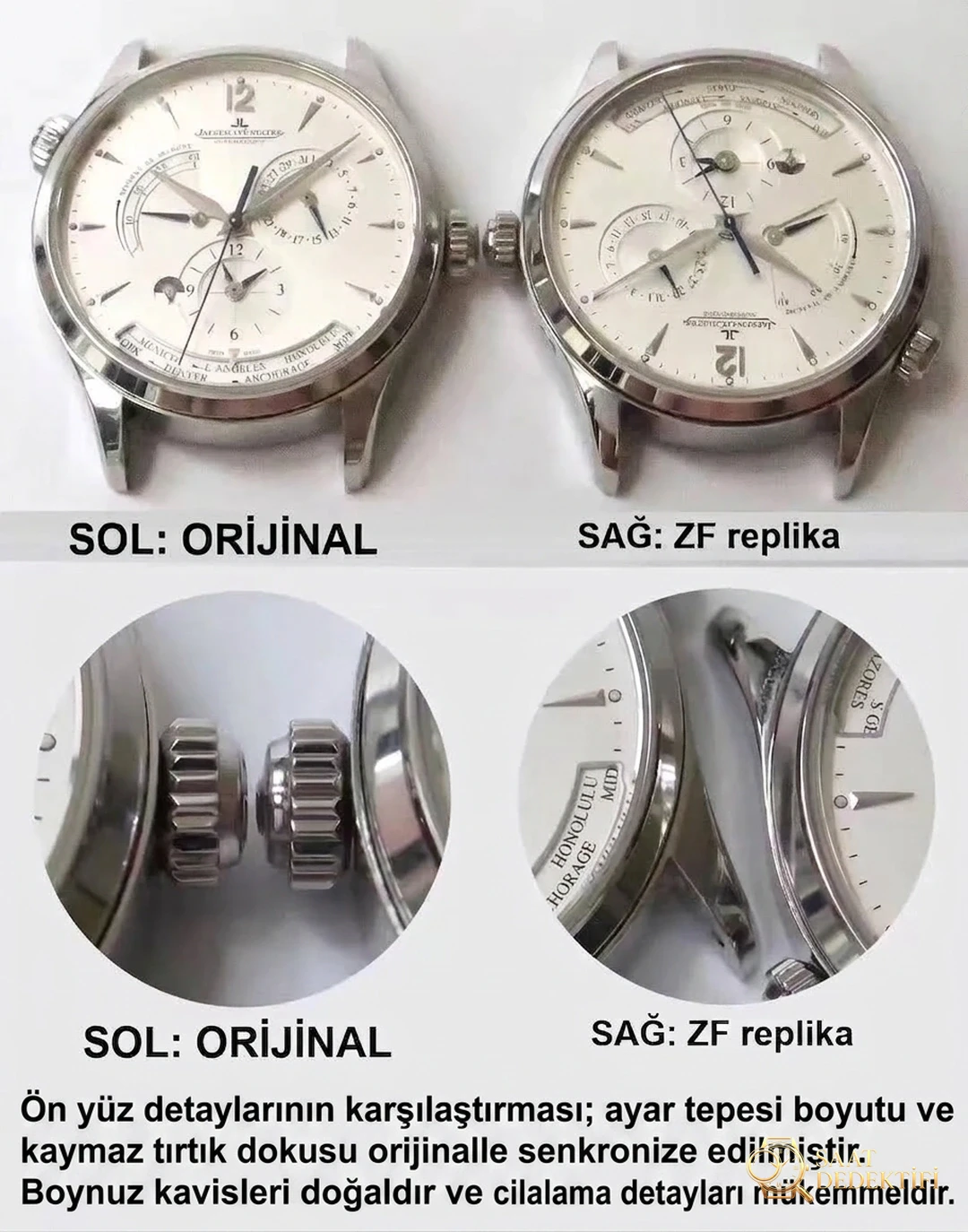 Gerçek-replika karşılaştırması: ZF Factory Jaeger-LeCoultre Master Geographic Q1428421 replika saatin orijinalle karşılaştırmalı incelemesi - Klips Kilidi ve Lazer Damgalar