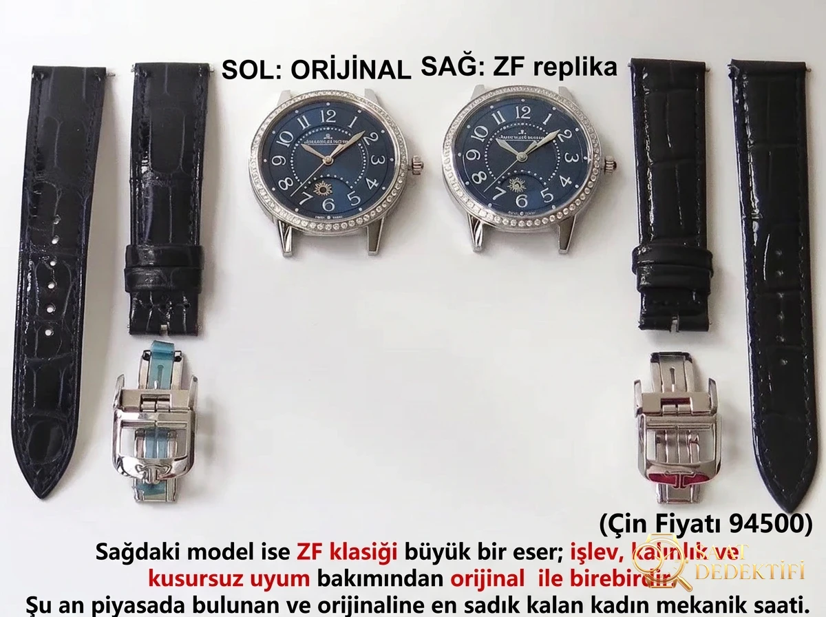 Gerçek-replika karşılaştırması: ZF Factory Jaeger-LeCoultre Rendez-Vous serisi 3468480 kadın mavi kadranlı replika saatin orijinalle karşılaştırmalı incelemesi - Kadran Detayı ve Bezel İşçiliği