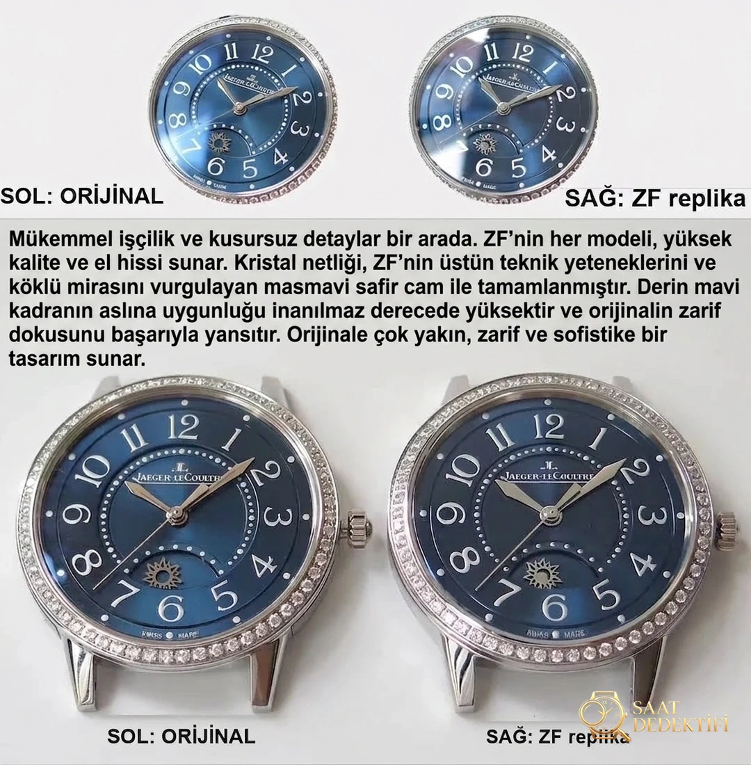 Gerçek-replika karşılaştırması: ZF Factory Jaeger-LeCoultre Rendez-Vous serisi 3468480 kadın mavi kadranlı replika saatin orijinalle karşılaştırmalı incelemesi - Kasa Profili ve Kurma Kolu İncelemesi