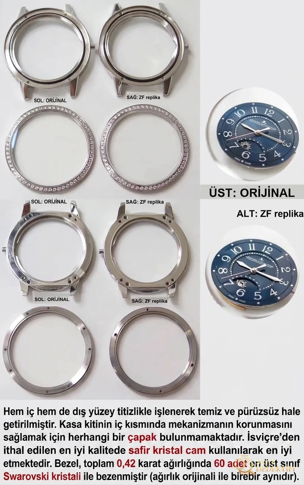 Gerçek-replika karşılaştırması: ZF Factory Jaeger-LeCoultre Rendez-Vous serisi 3468480 kadın mavi kadranlı replika saatin orijinalle karşılaştırmalı incelemesi - Makro Kadran ve İndeks İşçiliği