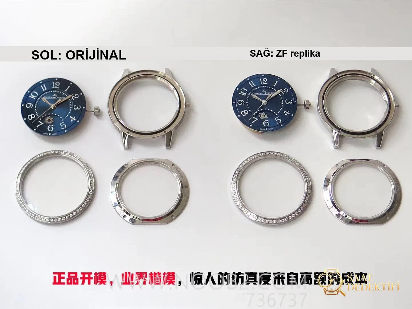Gerçek-replika karşılaştırması: ZF Factory Jaeger-LeCoultre Rendez-Vous serisi 3468480 kadın mavi kadranlı replika saatin orijinalle karşılaştırmalı incelemesi - Klips Kilidi ve Lazer Damgalar