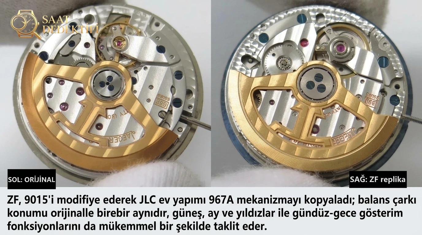 Gerçek-replika karşılaştırması: ZF Factory Jaeger-LeCoultre Rendez-Vous serisi 3468480 kadın mavi kadranlı replika saatin orijinalle karşılaştırmalı incelemesi - Mekanizma Zemberek ve Balans Detayı