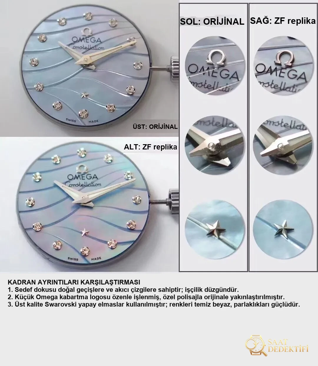 Réel ou réplique : examen de la montre à quartz pour femme Omega Constellation de ZF Factory avec l'original - Séparation des maillons du bracelet et structure des broches