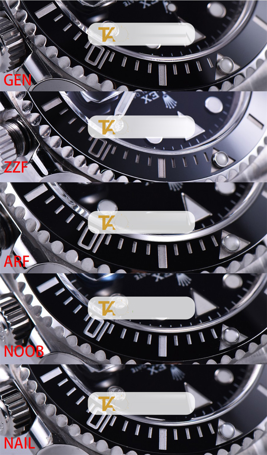 Gerçek-replika karşılaştırması: ZZ Factory AR Factory NAIL ve N Factory Rolex siyah su hayaleti replika saatiyle orijinalin en detaylı görselli incelemesi — 2. fotoğraf