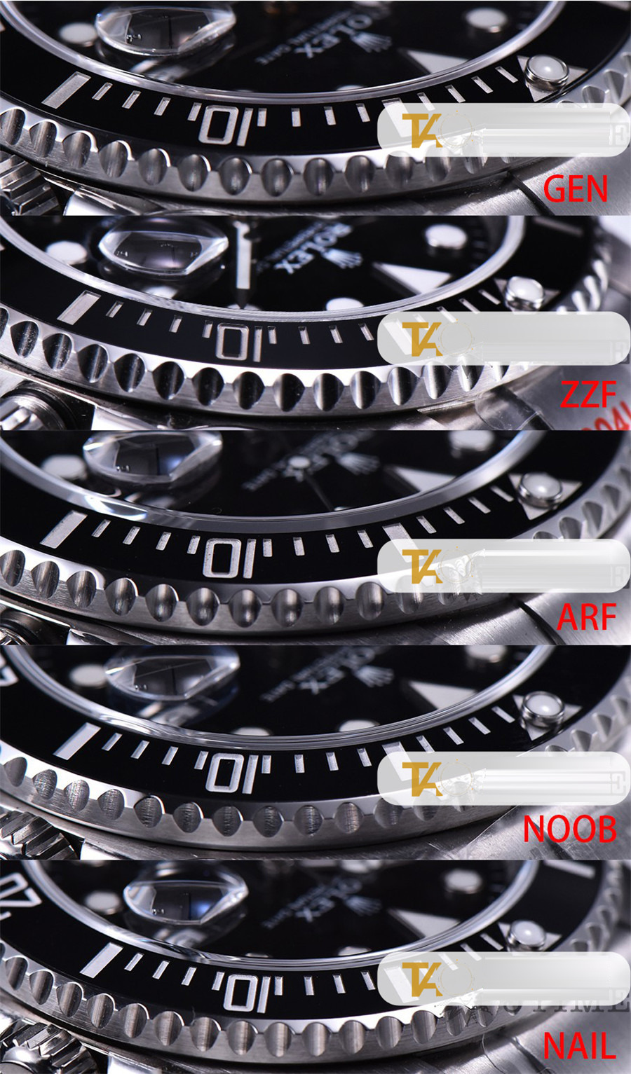 Gerçek-replika karşılaştırması: ZZ Factory AR Factory NAIL ve N Factory Rolex siyah su hayaleti replika saatiyle orijinalin en detaylı görselli incelemesi — 3. fotoğraf