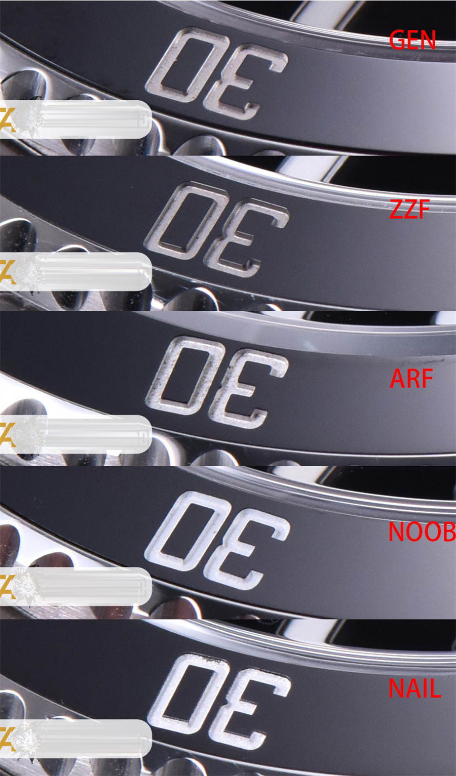Gerçek-replika karşılaştırması: ZZ Factory AR Factory NAIL ve N Factory Rolex siyah su hayaleti replika saatiyle orijinalin en detaylı görselli incelemesi — 5. fotoğraf
