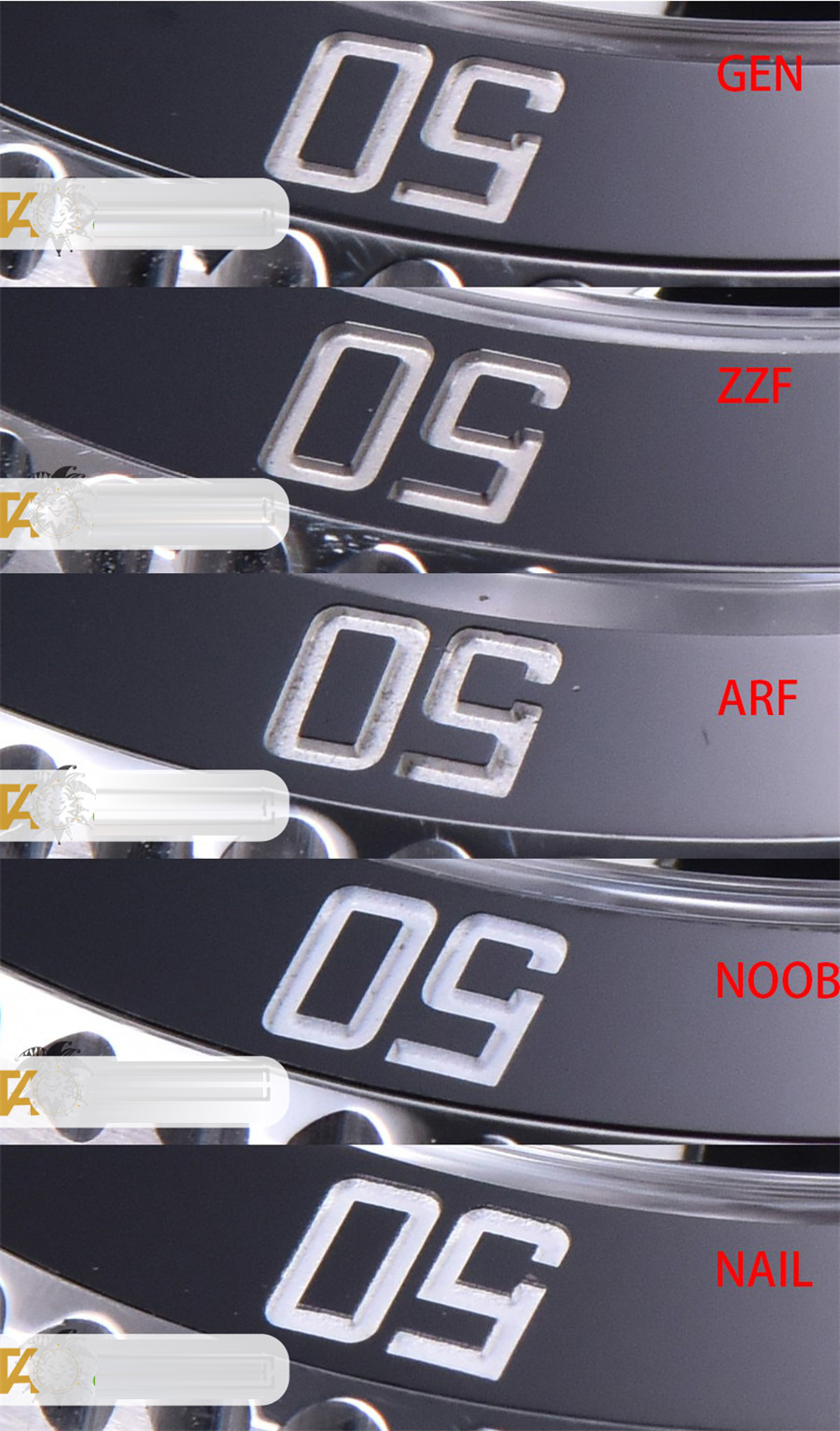 Gerçek-replika karşılaştırması: ZZ Factory AR Factory NAIL ve N Factory Rolex siyah su hayaleti replika saatiyle orijinalin en detaylı görselli incelemesi — 7. fotoğraf