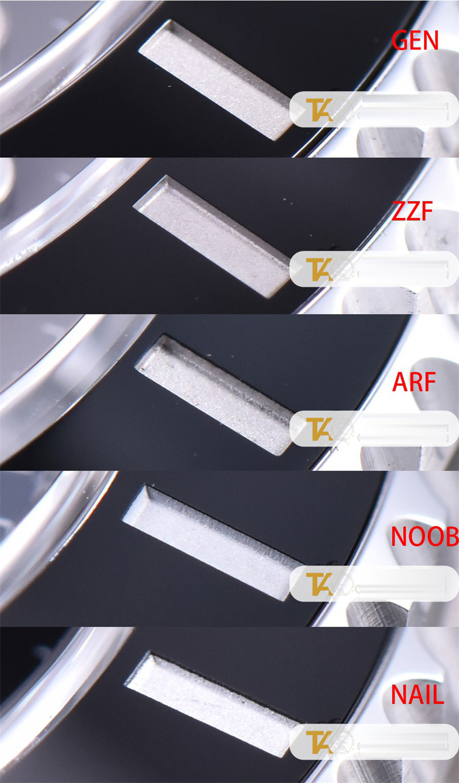 Gerçek-replika karşılaştırması: ZZ Factory AR Factory NAIL ve N Factory Rolex siyah su hayaleti replika saatiyle orijinalin en detaylı görselli incelemesi — 8. fotoğraf