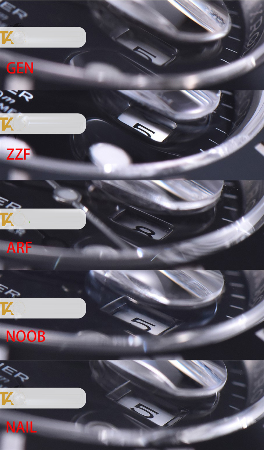 Gerçek-replika karşılaştırması: ZZ Factory AR Factory NAIL ve N Factory Rolex siyah su hayaleti replika saatiyle orijinalin en detaylı görselli incelemesi — 10. fotoğraf
