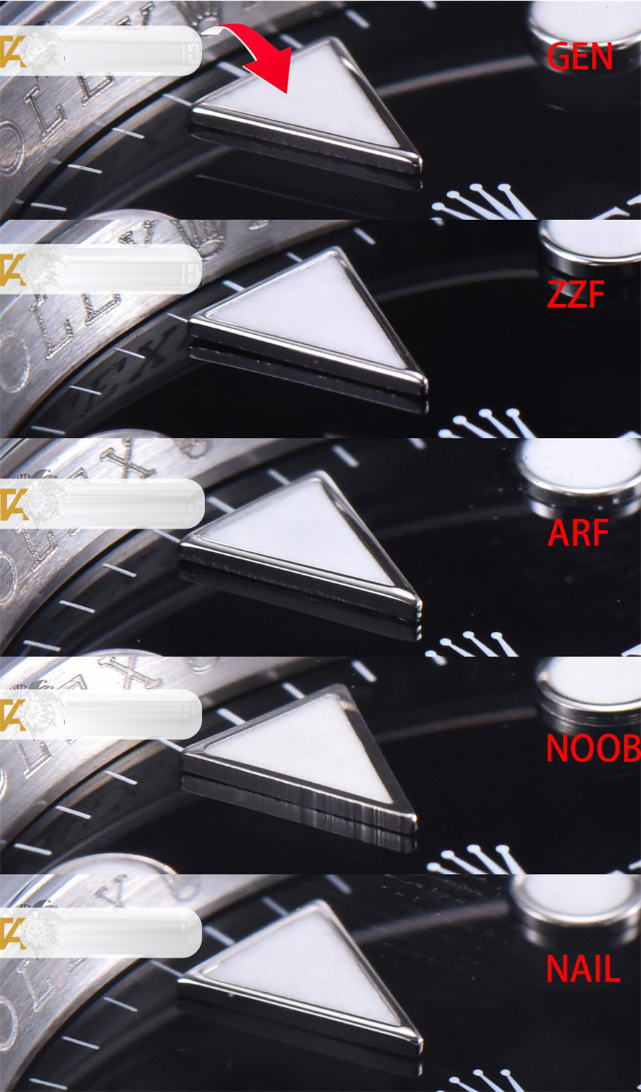Gerçek-replika karşılaştırması: ZZ Factory AR Factory NAIL ve N Factory Rolex siyah su hayaleti replika saatiyle orijinalin en detaylı görselli incelemesi — 11. fotoğraf