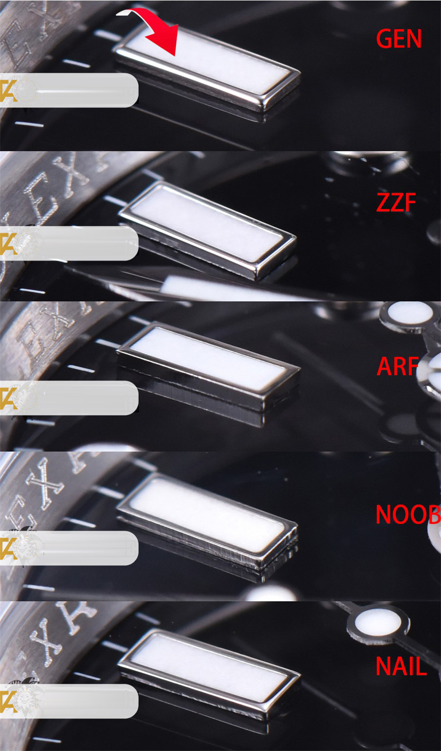 Gerçek-replika karşılaştırması: ZZ Factory AR Factory NAIL ve N Factory Rolex siyah su hayaleti replika saatiyle orijinalin en detaylı görselli incelemesi — 13. fotoğraf