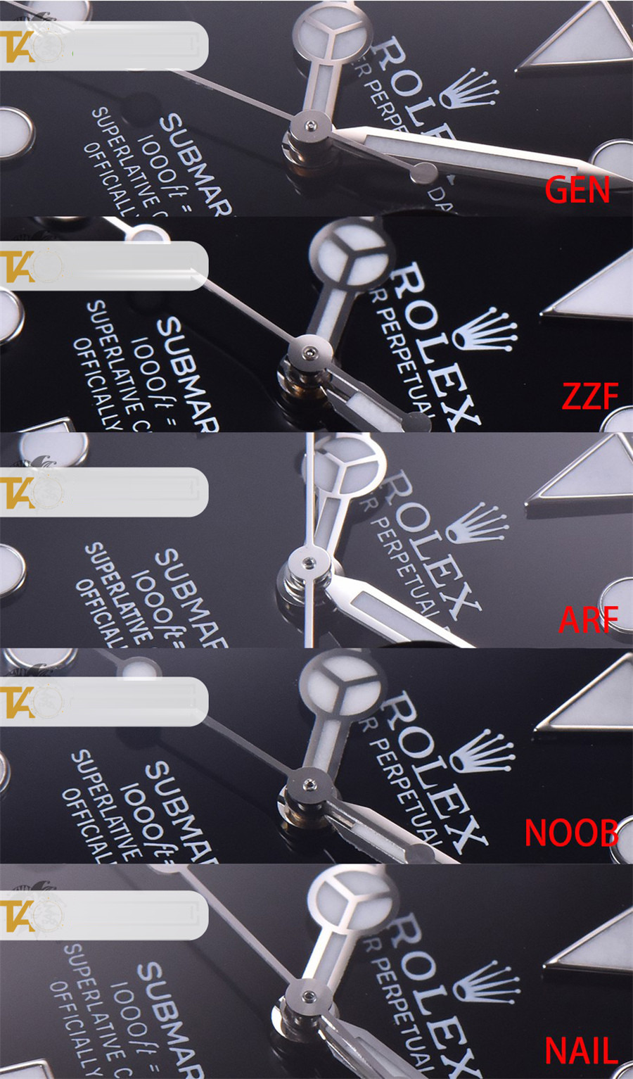 Gerçek-replika karşılaştırması: ZZ Factory AR Factory NAIL ve N Factory Rolex siyah su hayaleti replika saatiyle orijinalin en detaylı görselli incelemesi — 15. fotoğraf