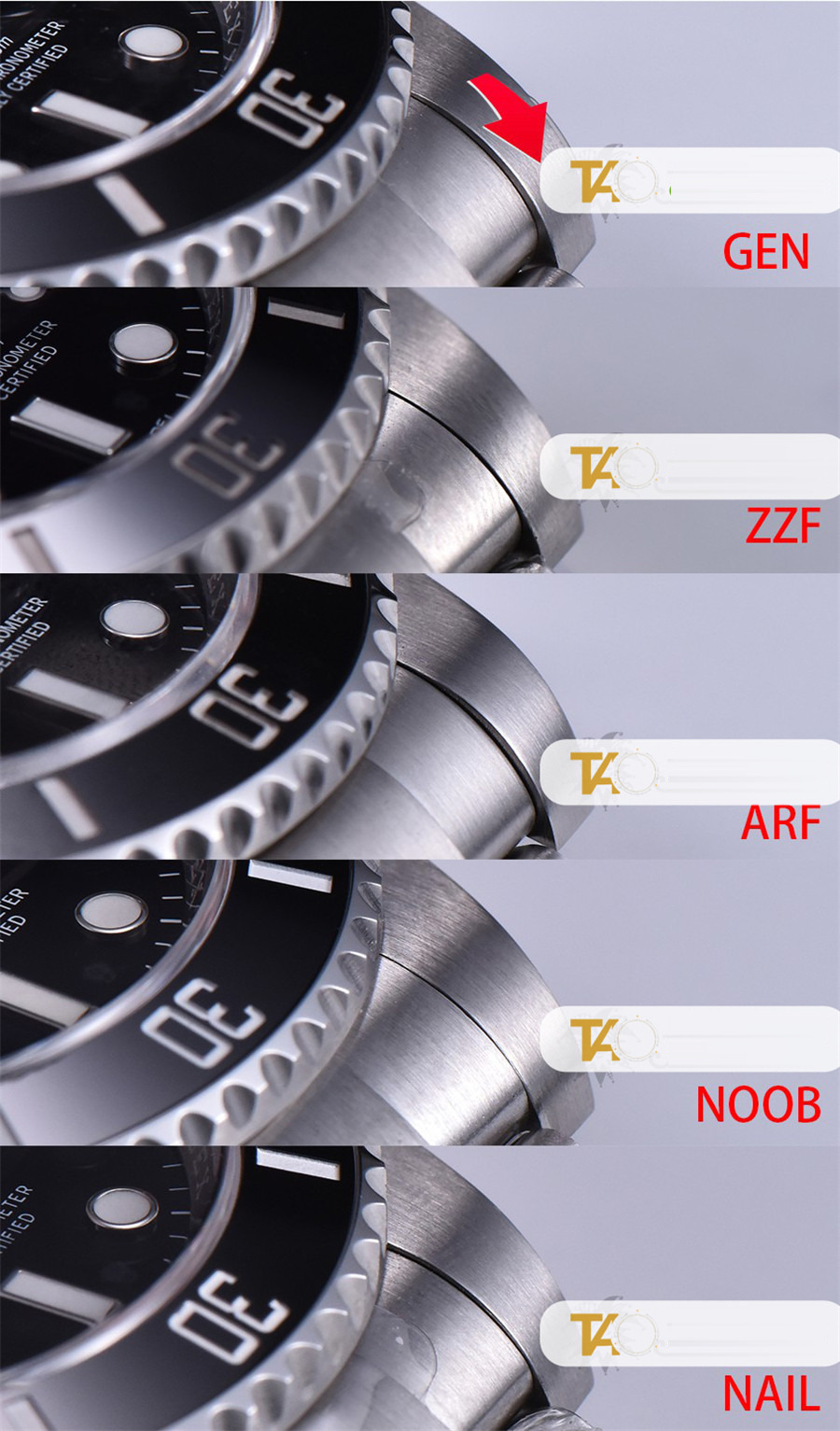 Gerçek-replika karşılaştırması: ZZ Factory AR Factory NAIL ve N Factory Rolex siyah su hayaleti replika saatiyle orijinalin en detaylı görselli incelemesi — 16. fotoğraf