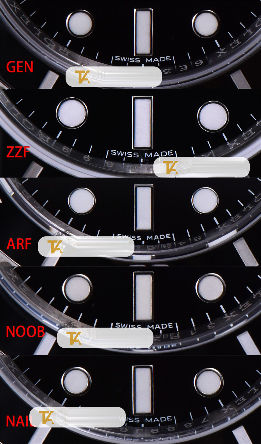 Gerçek-replika karşılaştırması: ZZ Factory AR Factory NAIL ve N Factory Rolex siyah su hayaleti replika saatiyle orijinalin en detaylı görselli incelemesi — 17. fotoğraf