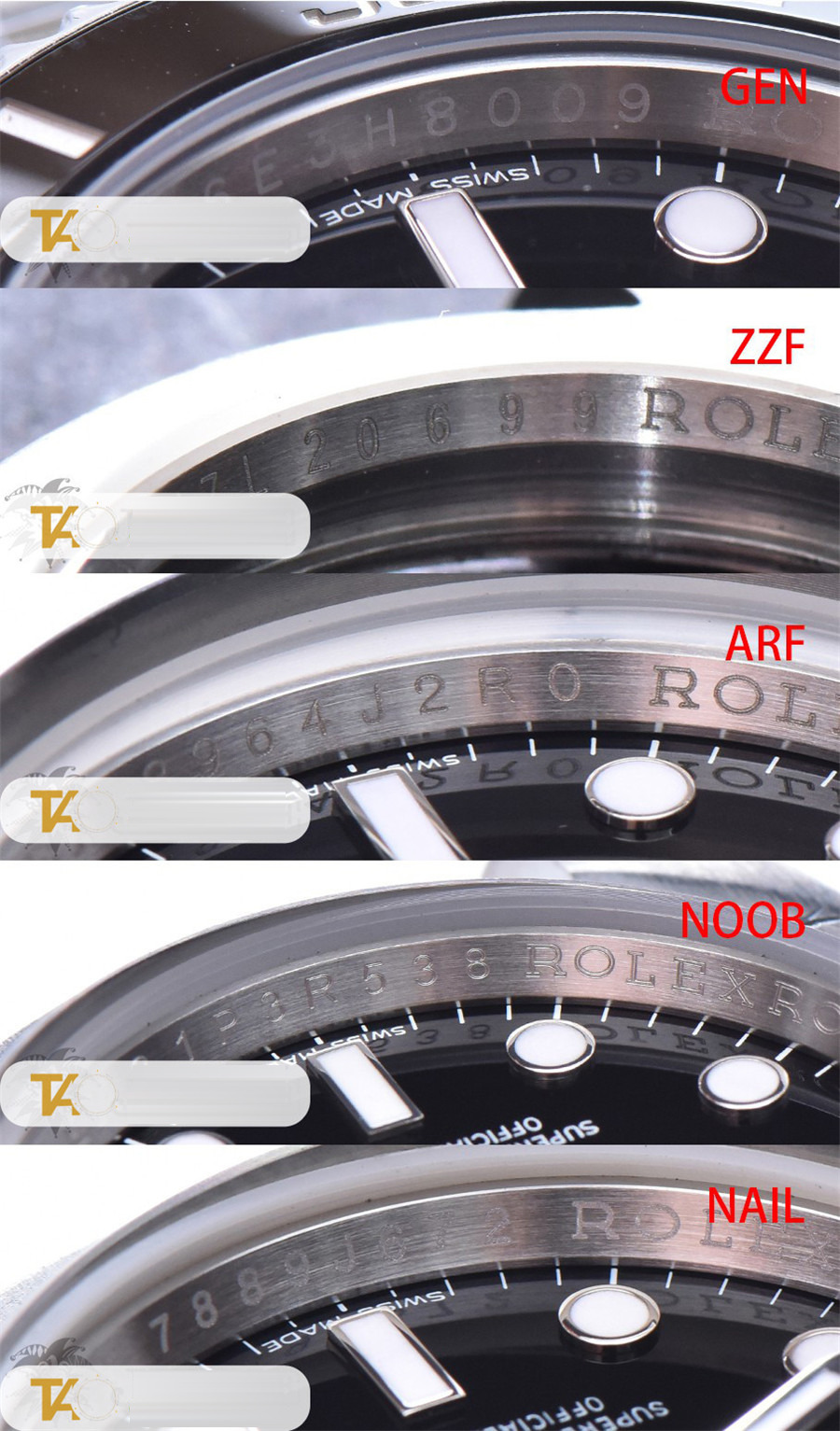 Gerçek-replika karşılaştırması: ZZ Factory AR Factory NAIL ve N Factory Rolex siyah su hayaleti replika saatiyle orijinalin en detaylı görselli incelemesi — 24. fotoğraf