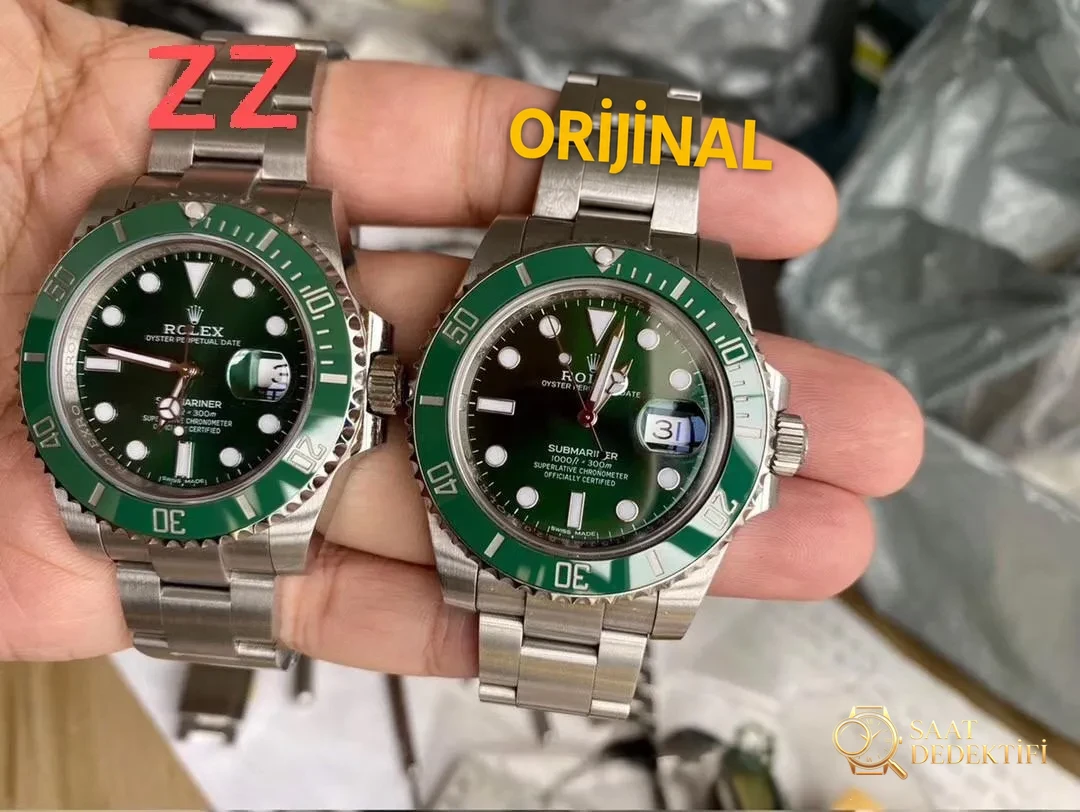 Gerçek-Replika Karşılaştırması: ZZ Factory V2S Rolex Yeşil Su Hayaleti + Clean Yeşil Bezel + Dolu Merkez Mili + İşlenmiş Çubuk İşaretler + Üç Boyutlu Akrep ve Yelkovan, Yükseltilmiş Sürümün Gerçek Çekimleri - Kadran Detayı ve Bezel İşçiliği