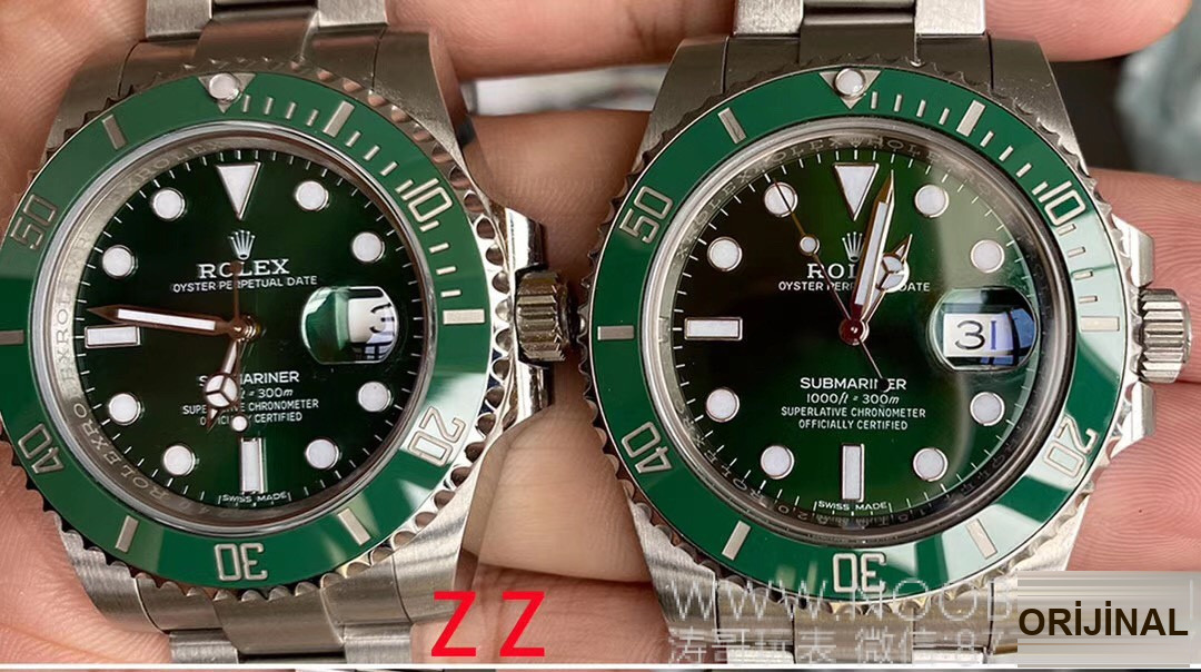 Gerçek-Replika Karşılaştırması: ZZ Factory V2S Rolex Yeşil Su Hayaleti + Clean Yeşil Bezel + Dolu Merkez Mili + İşlenmiş Çubuk İşaretler + Üç Boyutlu Akrep ve Yelkovan, Yükseltilmiş Sürümün Gerçek Çekimleri — 6. fotoğraf