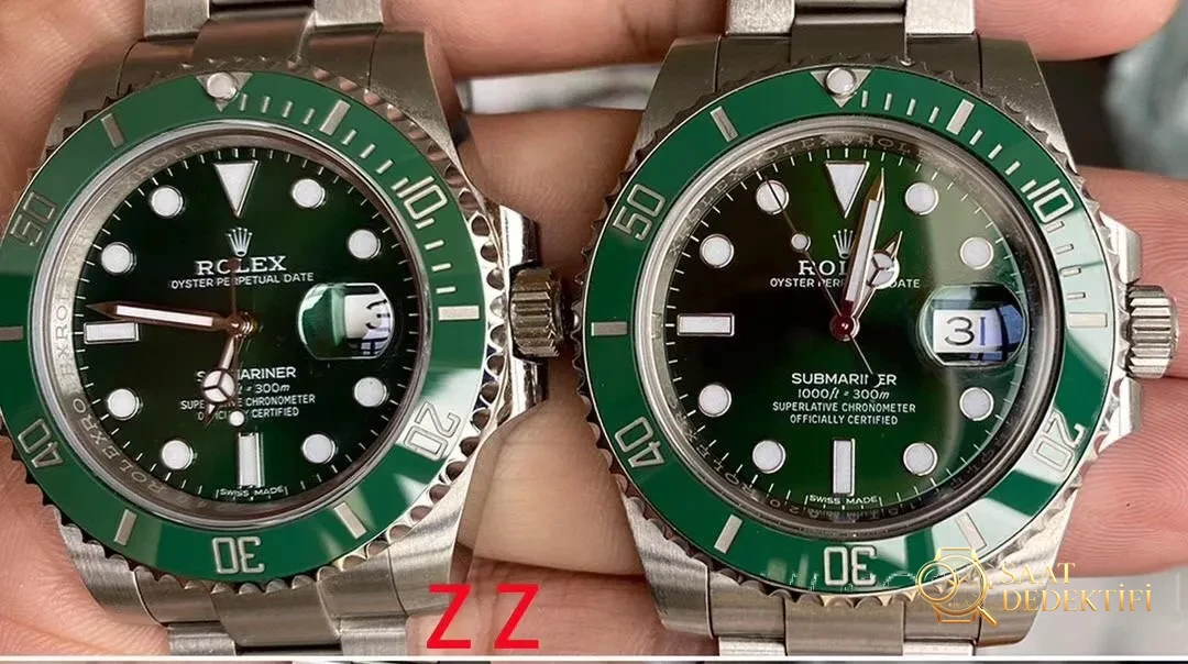 Gerçek-Replika Karşılaştırması: ZZ Factory V2S Rolex Yeşil Su Hayaleti + Clean Yeşil Bezel + Dolu Merkez Mili + İşlenmiş Çubuk İşaretler + Üç Boyutlu Akrep ve Yelkovan, Yükseltilmiş Sürümün Gerçek Çekimleri - Makro Kadran ve İndeks İşçiliği