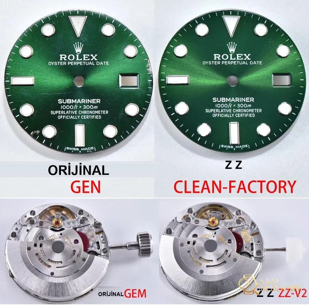 Gerçek-Replika Karşılaştırması: ZZ Factory V2S Rolex Yeşil Su Hayaleti + Clean Yeşil Bezel + Dolu Merkez Mili + İşlenmiş Çubuk İşaretler + Üç Boyutlu Akrep ve Yelkovan, Yükseltilmiş Sürümün Gerçek Çekimleri - Mekanizma Zemberek ve Balans Detayı