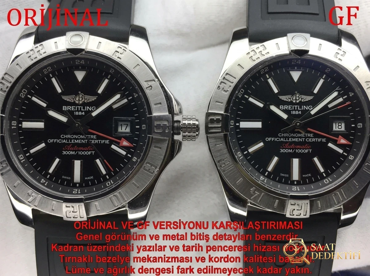 GF Factory V2 Breitling Avenger II GMT A3239011 güncellenmiş versiyon replika saat ile orijinal karşılaştırmalı inceleme - Kadran Detayı ve Bezel İşçiliği