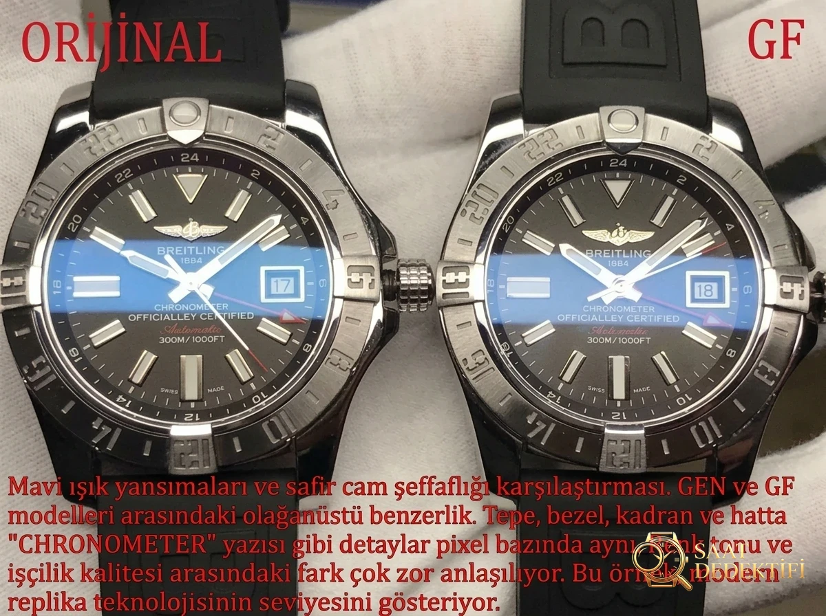 GF Factory V2 Breitling Avenger II GMT A3239011 güncellenmiş versiyon replika saat ile orijinal karşılaştırmalı inceleme - Kasa Profili ve Kurma Kolu İncelemesi